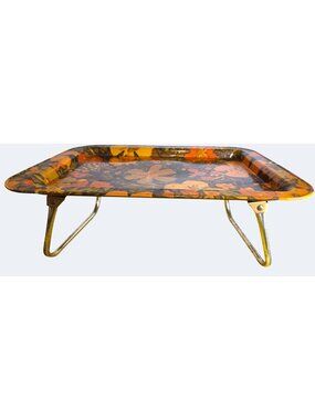 Vintage Folding Metal Tray Floral Pattern Yellow Orange Flowers Rectangular Serv